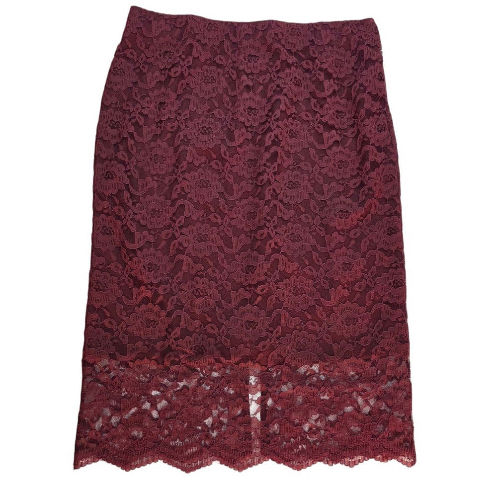 Mossimo‎ Burgundy Lace Pencil Skirt Women's S Sheer Overlay Lined Knee Length